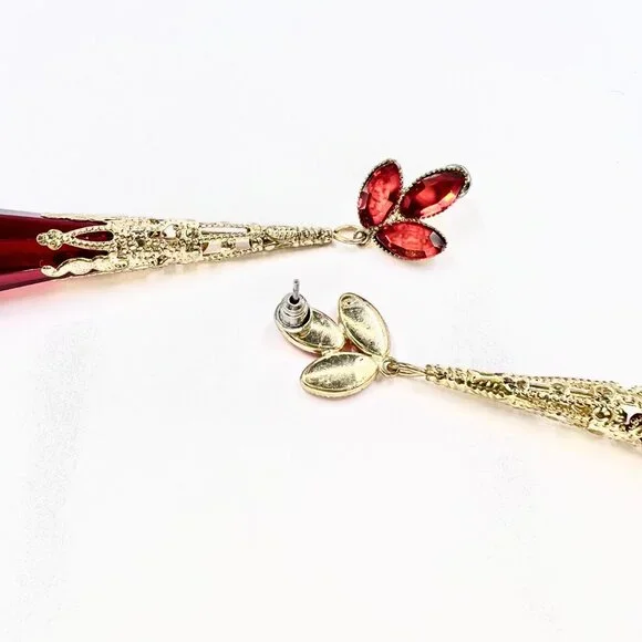 NWT – Charming Charlie – Red Jeweled Drop Glass Dangle Gold Tone 3.5” Earrings - Picture 5 of 8